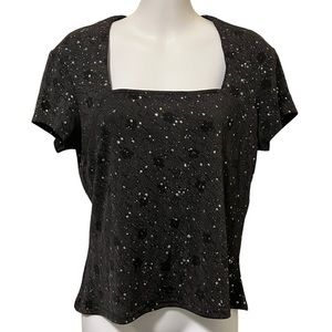 Vintage 90's Black w Silver Glitter Floral Print Top